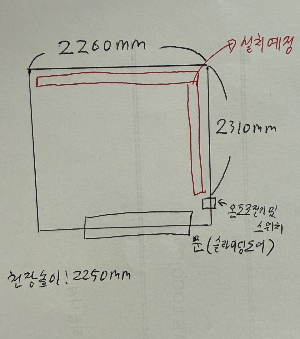 고객이 종이에 직접 그린 방 평면. 위쪽 벽 2260mm, 오른쪽 벽 2310mm, 천장높이 2250mm가 적혀 있고, 위쪽 벽과 오른쪽 벽을 따라 빨간 선으로 설치예정 구간이 표시되어 있다. 오른쪽 벽 아래쪽에 온도조절기 및 스위치, 아래쪽 벽에 슬라이딩도어 문이 표시되어 있다.