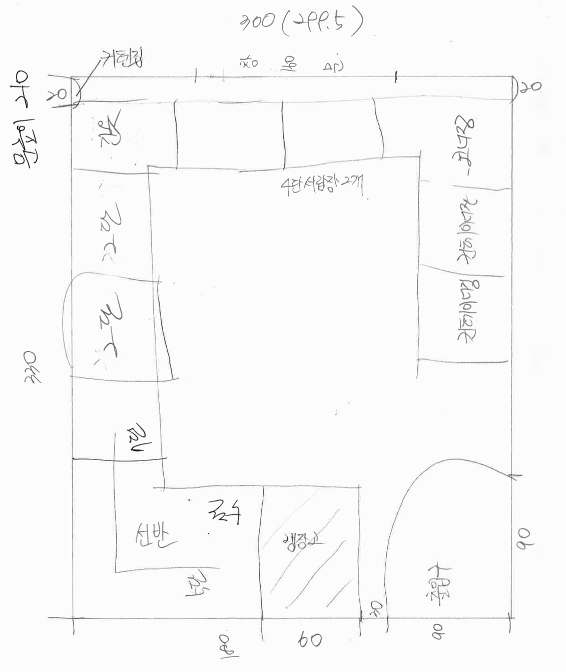 고객님이 연필로 그린 방 평면도. 위쪽 벽에 300(299.5)과 창문 표시, 왼쪽에 330이 적혀 있다. 창문 벽 아래에 4단서랍장 2개, 오른쪽 벽에 컨테이너장 글자가 두 번, 아래쪽 왼편에 선반, 그 옆에 빗금 친 냉장고 칸과 60, 오른쪽 아래에 문과 90이 적혀 있다.